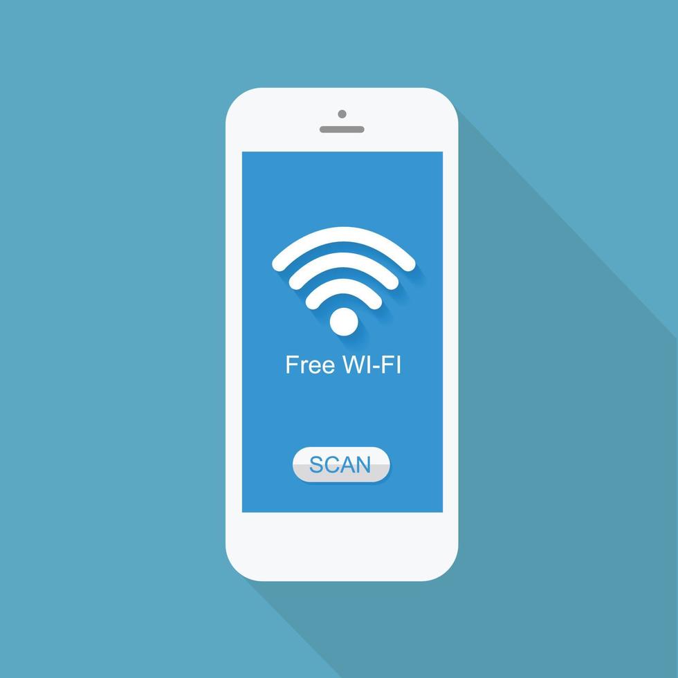 blixtdesign med lång skugga smarttelefonen med wi-fi-logotyp på skärmen. Konceptet är gratis wi-fi-skanning på smart telefon, vektordesignelementillustration vektor