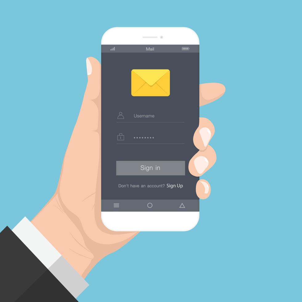 Hand im Flash-Design-Stil, die das Smartphone mit E-Mail-Anwendung auf dem Bildschirm hält, Vektor-Design-Element-Illustration vektor