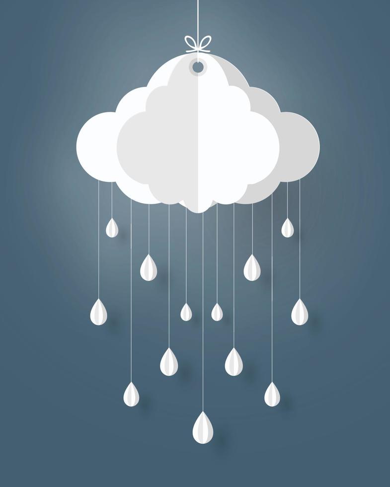 papperskonstdesign mobil stil konceptet är regnperiod, moln och regn på mörk bakgrund, vektordesignelementillustration vektor