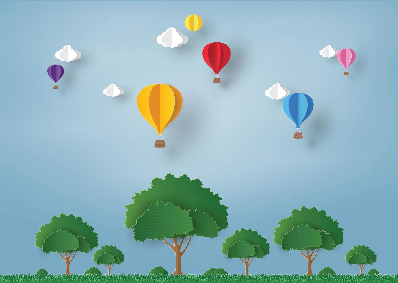 färgglad ballong och moln på den blå himlen, träd på gräset med papperskonstdesign, vektordesignelement och illustration vektor