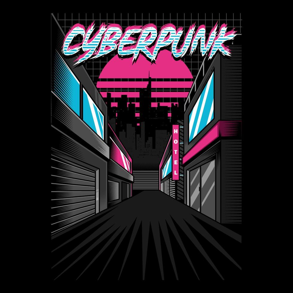 Cyberpunk-City-Illustration, perfekt für Streetwear, T-Shirt, Hoodie, Poster usw vektor