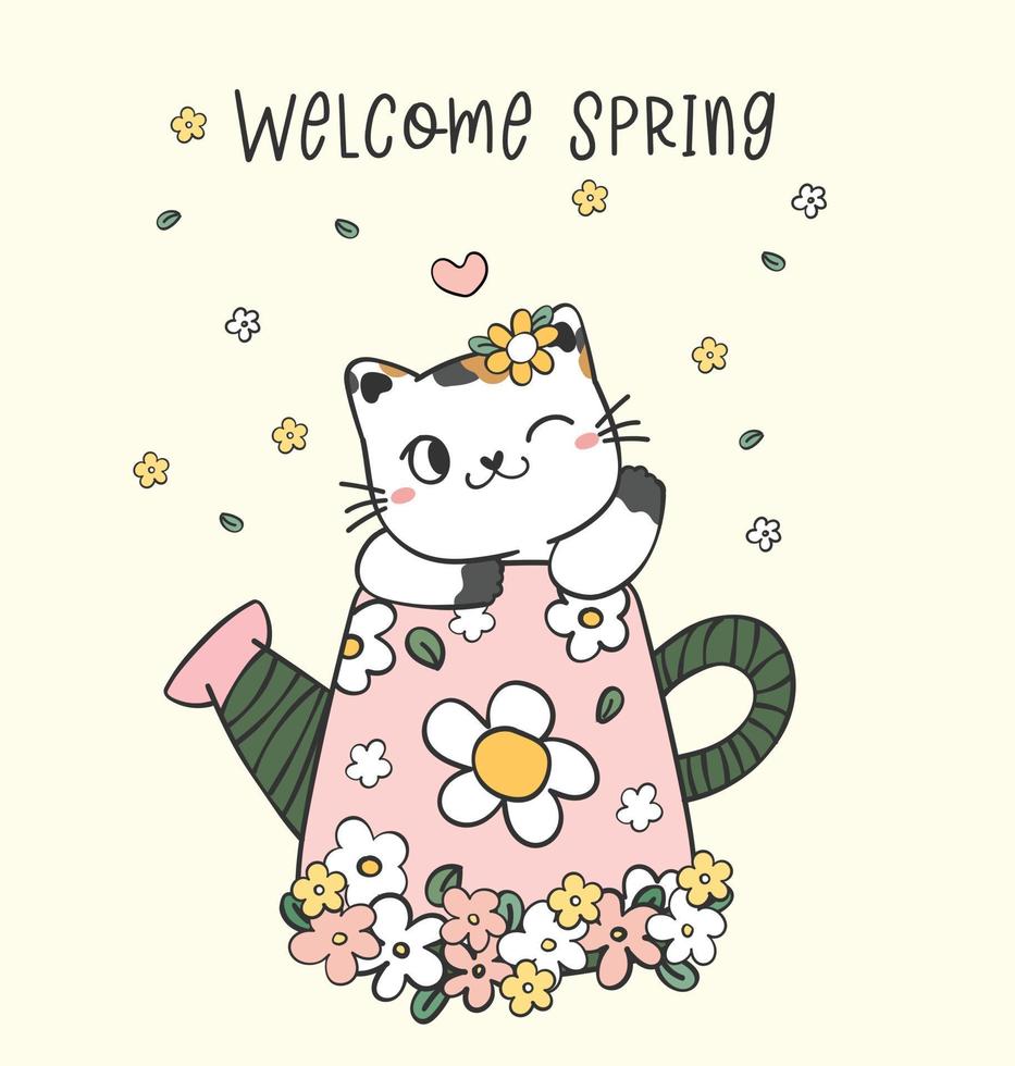 Tierhaustiergrußkarte, nette glückliche Miezekatzekatze im Blumentopfkarikaturzeichnungsvektorgekritzel, willkommener Frühling vektor