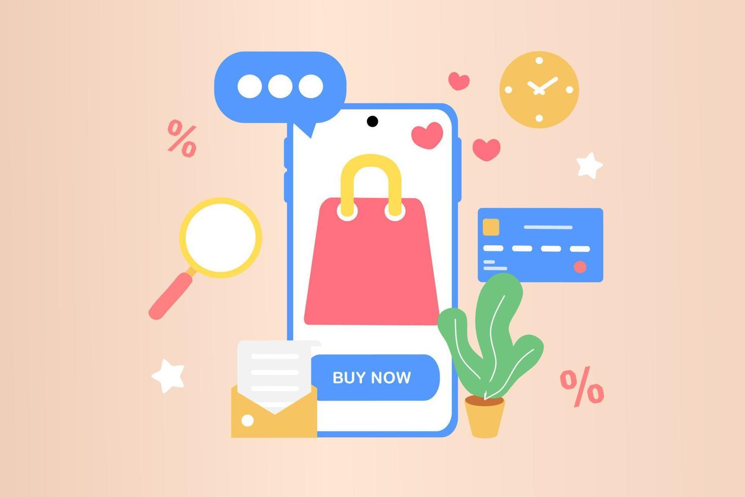 online-shopping auf dem handy. großer verkauf, sonderrabatt, soziale werbung. mobiles und digitales Marketing. vektorillustration für grafisches element, zeichen, symbol. minimalistischer flacher Stil. vektor