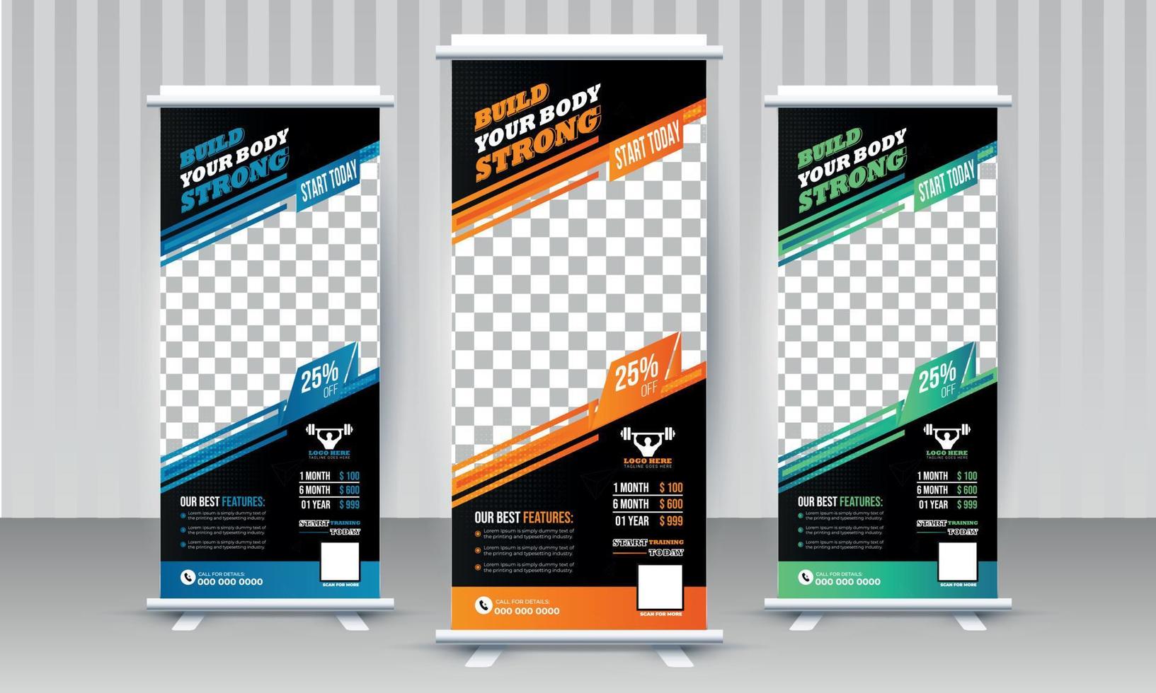 Fitness-Fitness-Studio Business Standee Rollup-Banner-Design-Vektor-Vorlage vektor