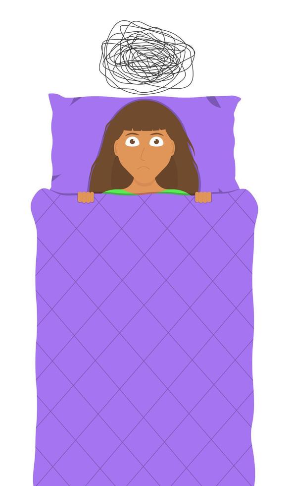 en kvinna i sängen lider av sömnlöshet på grund av ångest och oroliga tankar. begrepp. vektor illustration