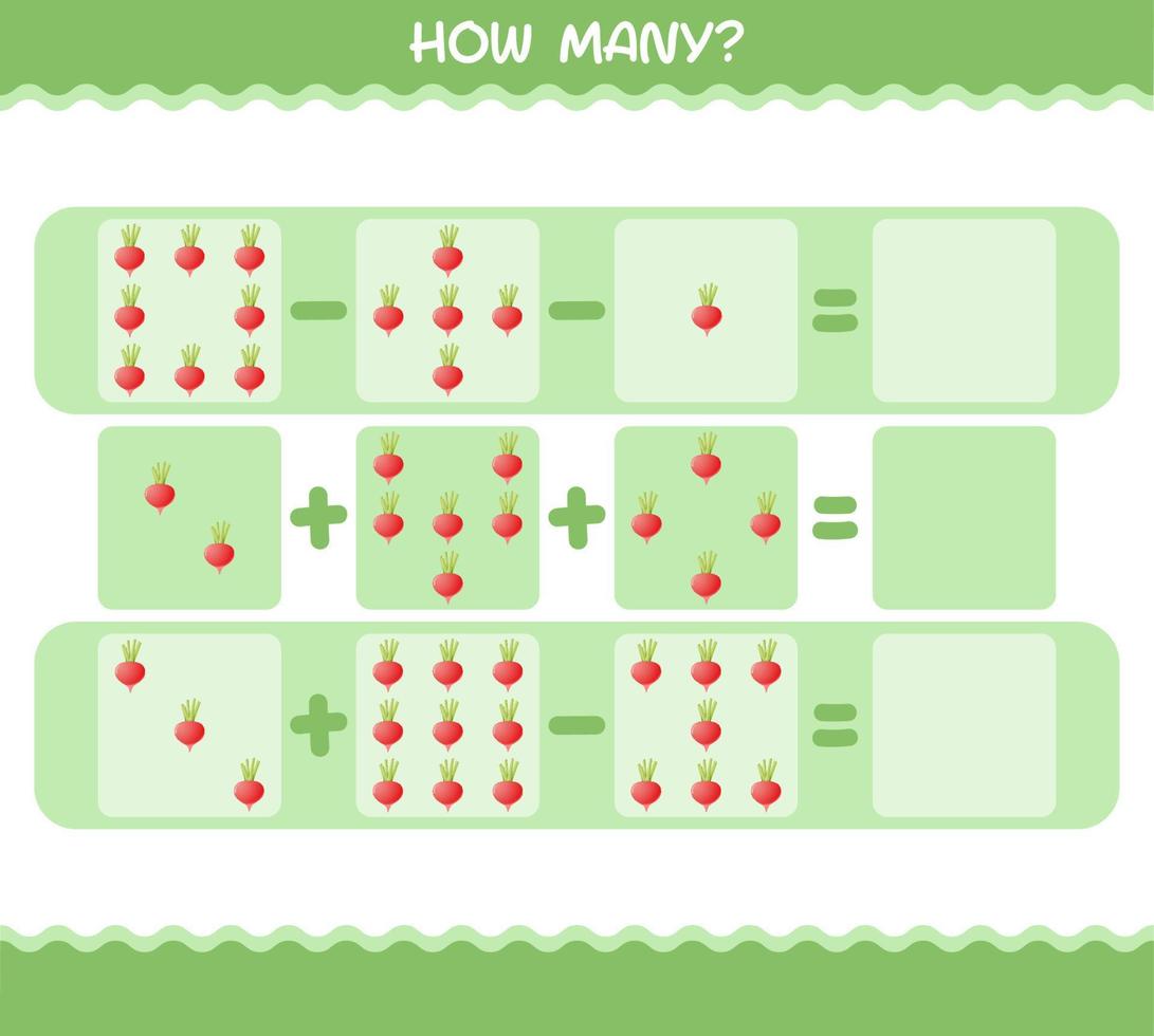 hur många tecknade rädisor. räknespel. pedagogiskt spel för barn och småbarn i förskoleåldern vektor