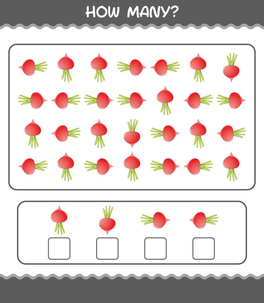 wie viele cartoon-radieschen. Zählspiel. Lernspiel für Kinder und Kleinkinder im Vorschulalter vektor