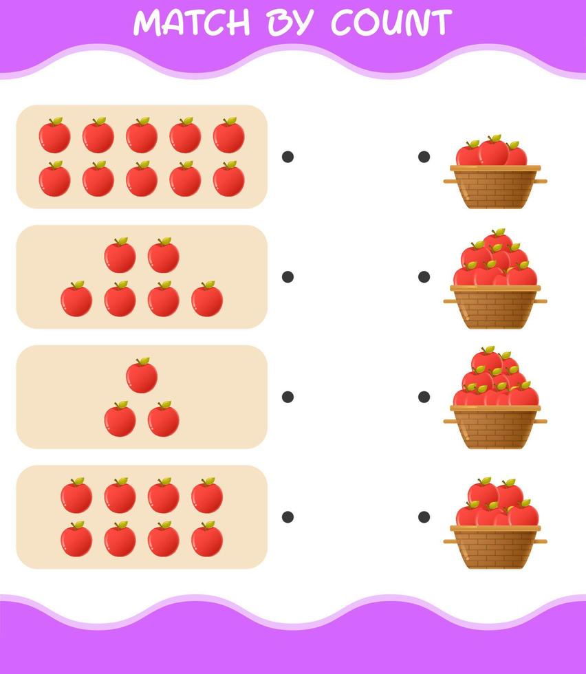 Abgleich nach Zählung des Cartoon-Apfels. Match-and-Count-Spiel. Lernspiel für Kinder und Kleinkinder im Vorschulalter vektor