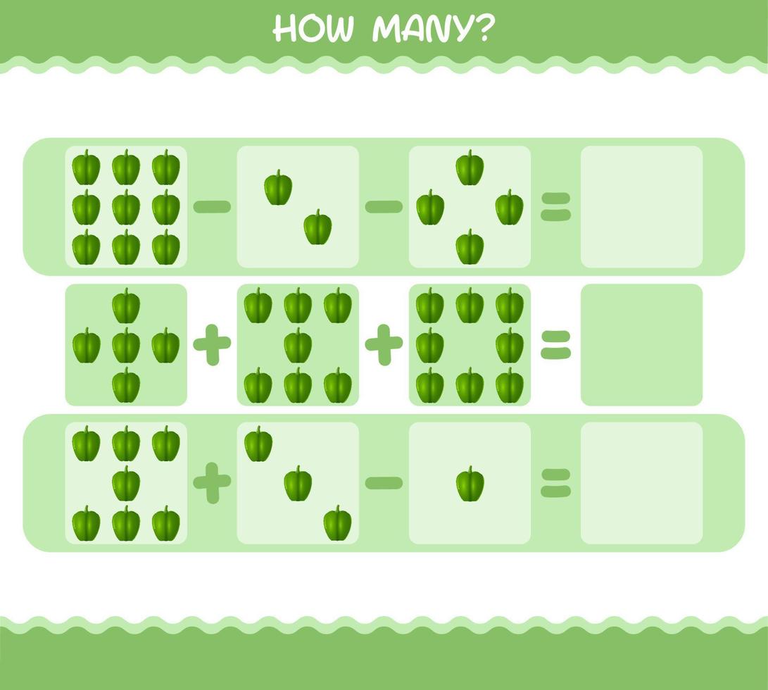 Wie viele Cartoon-Paprikaschoten. Zählspiel. Lernspiel für Kinder und Kleinkinder im Vorschulalter vektor