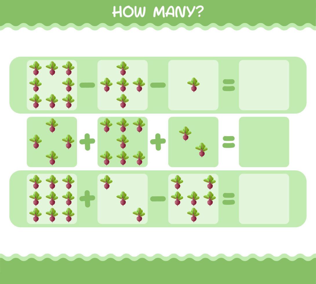 Wie viele Cartoon-Rüben. Zählspiel. Lernspiel für Kinder und Kleinkinder im Vorschulalter vektor