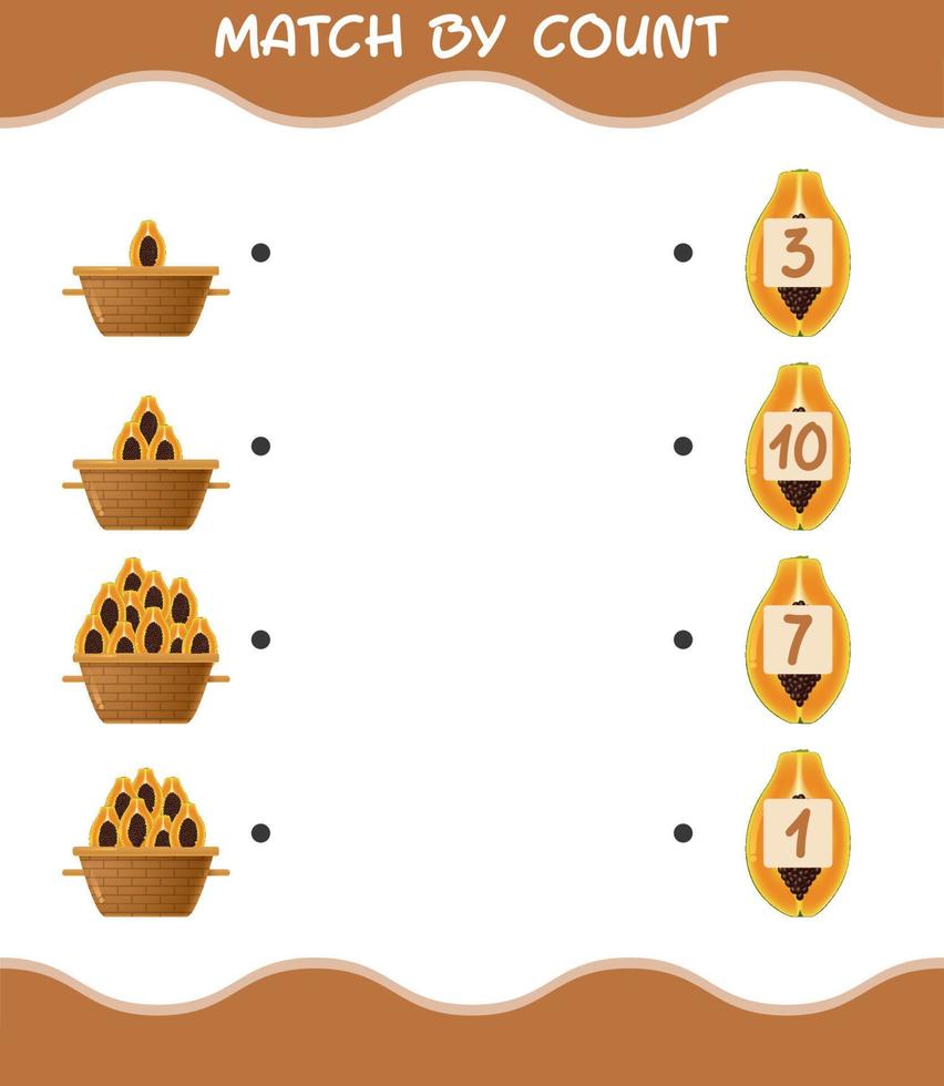 match efter antal av tecknad papaya. match och räkna spel. pedagogiskt spel för barn och småbarn i förskoleåldern vektor