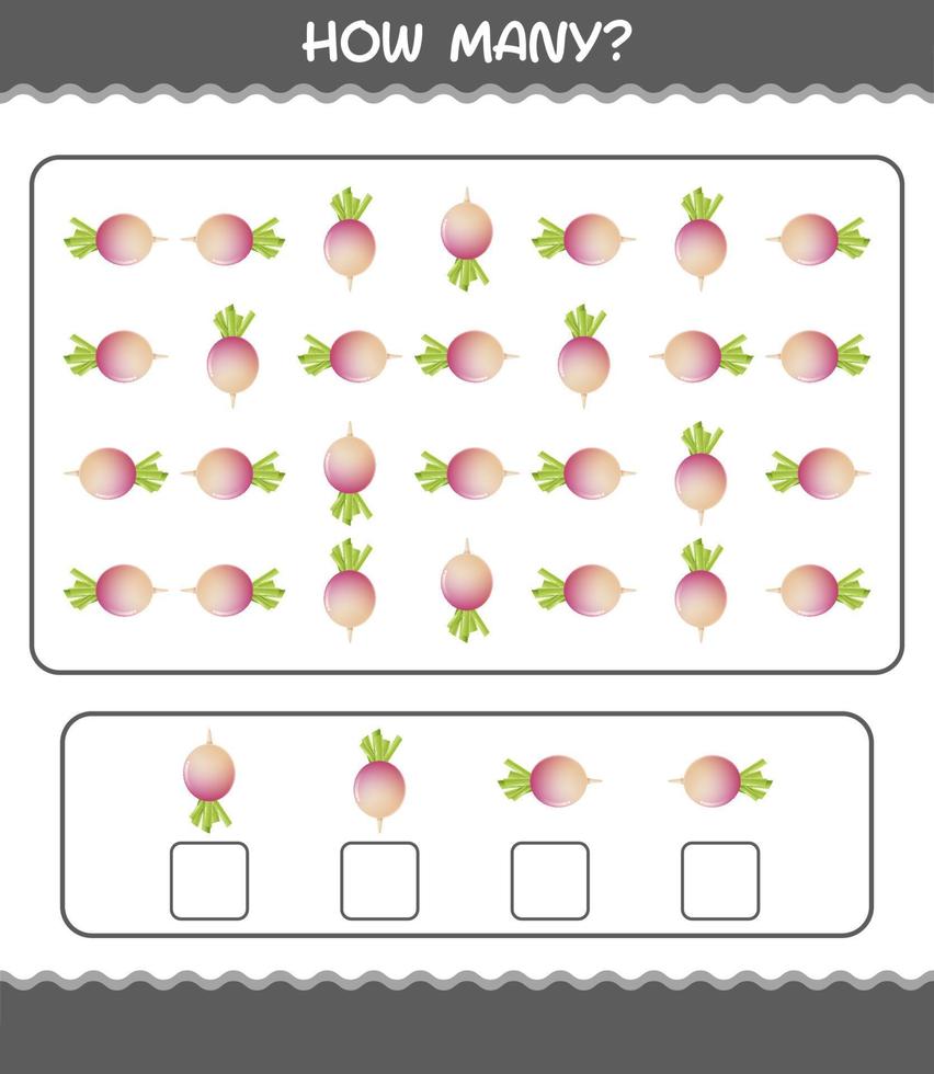 hur många tecknade kålrot. räknespel. pedagogiskt spel för barn och småbarn i förskoleåldern vektor