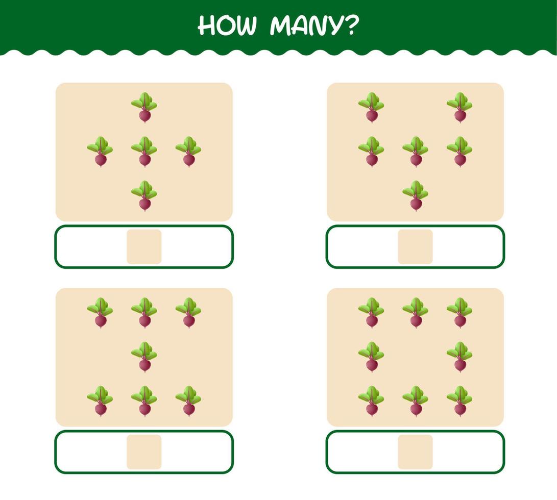 hur många tecknade betor. räknespel. pedagogiskt spel för barn och småbarn i förskoleåldern vektor