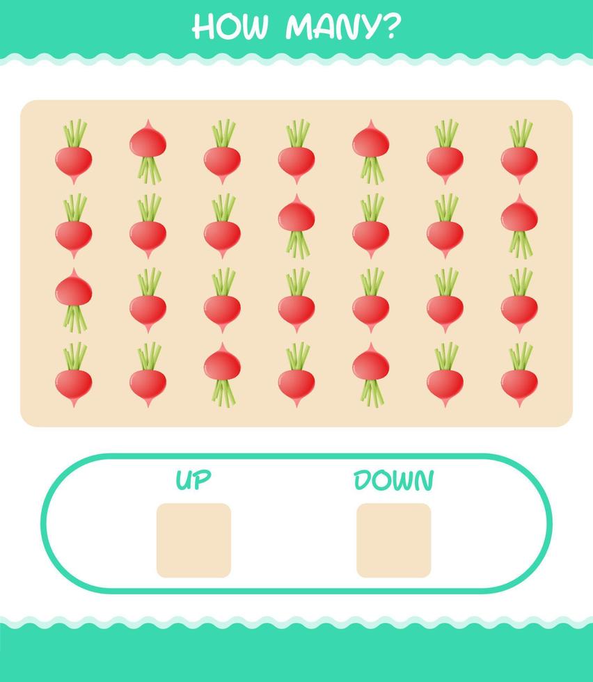 hur många tecknade rädisor. räknespel. pedagogiskt spel för barn och småbarn i förskoleåldern vektor