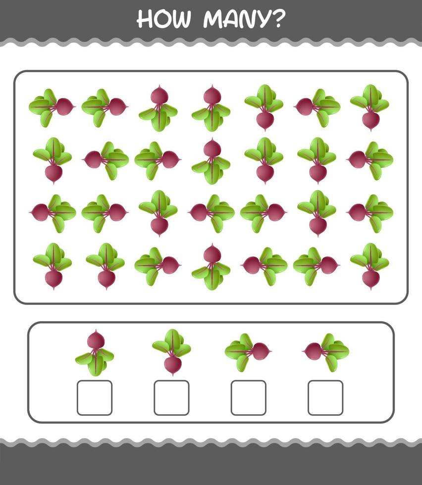 hur många tecknade betor. räknespel. pedagogiskt spel för barn och småbarn i förskoleåldern vektor