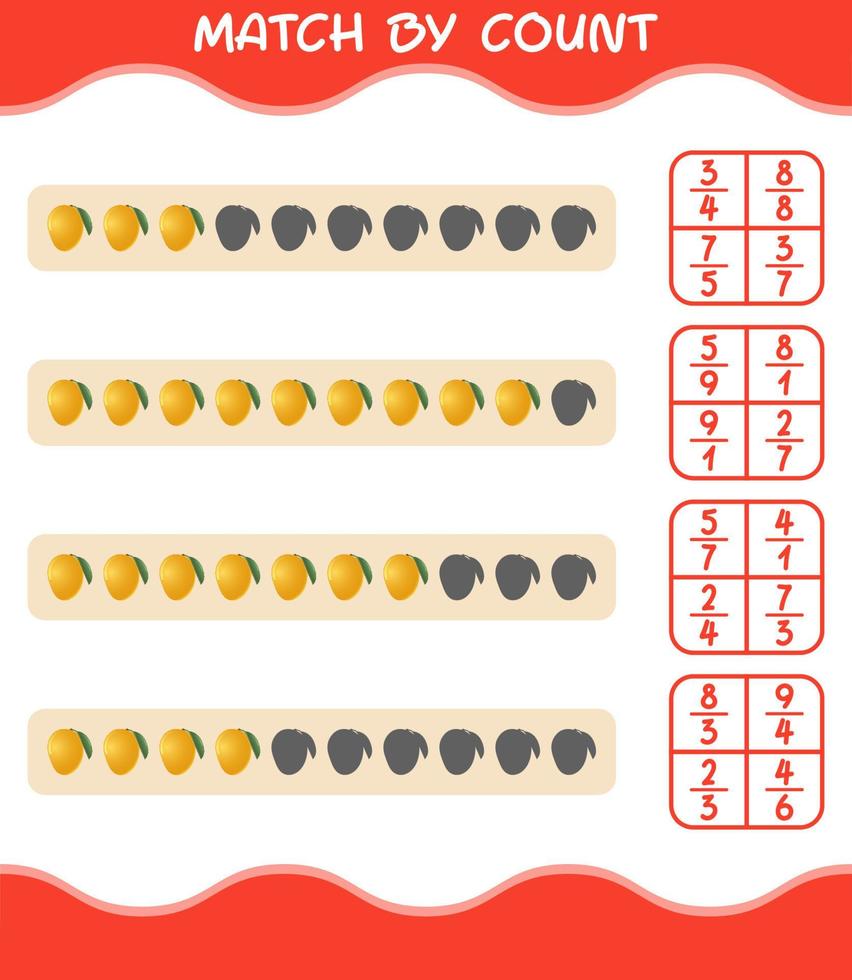 match efter antal av tecknad mango. match och räkna spel. pedagogiskt spel för barn och småbarn i förskoleåldern vektor