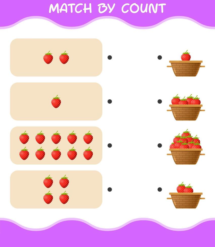 Übereinstimmung durch Anzahl der Cartoon-Erdbeere. Match-and-Count-Spiel. Lernspiel für Kinder und Kleinkinder im Vorschulalter vektor