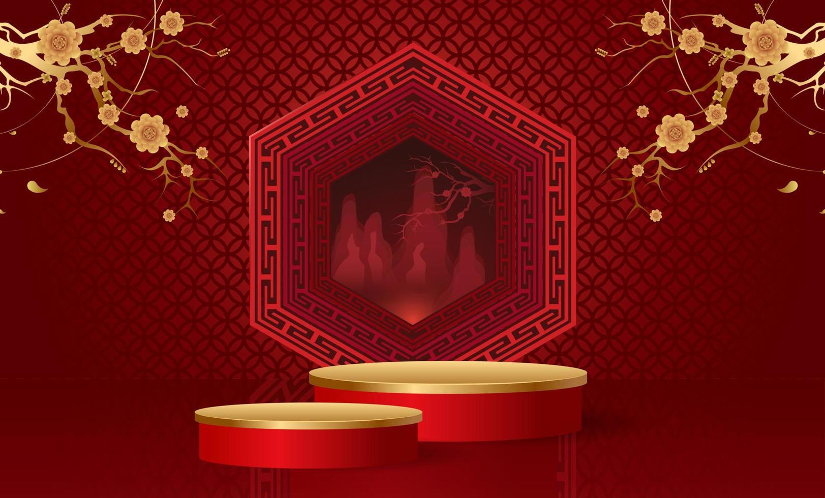 podium och bakgrund för kinesiskt nyår, kinesiska festivaler, midhöstfestivalen, blomma och asiatiska element på bakgrund. vektor