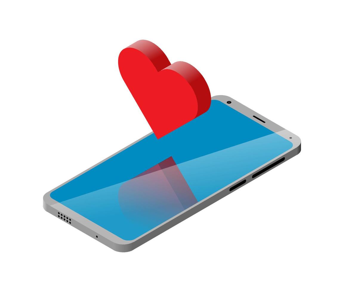 mobiltelefonen är isometrisk och rött hjärta är ur det. isolerat vektor