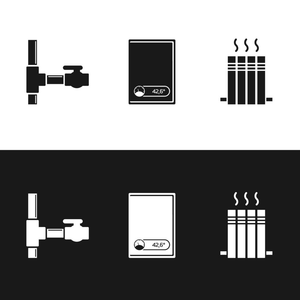 Sanitär-Glyphen-Symbole gesetzt. rohr, heizkörper, kessel in schwarz und weiß. Silhouettensymbole. vektor isolierte illustration
