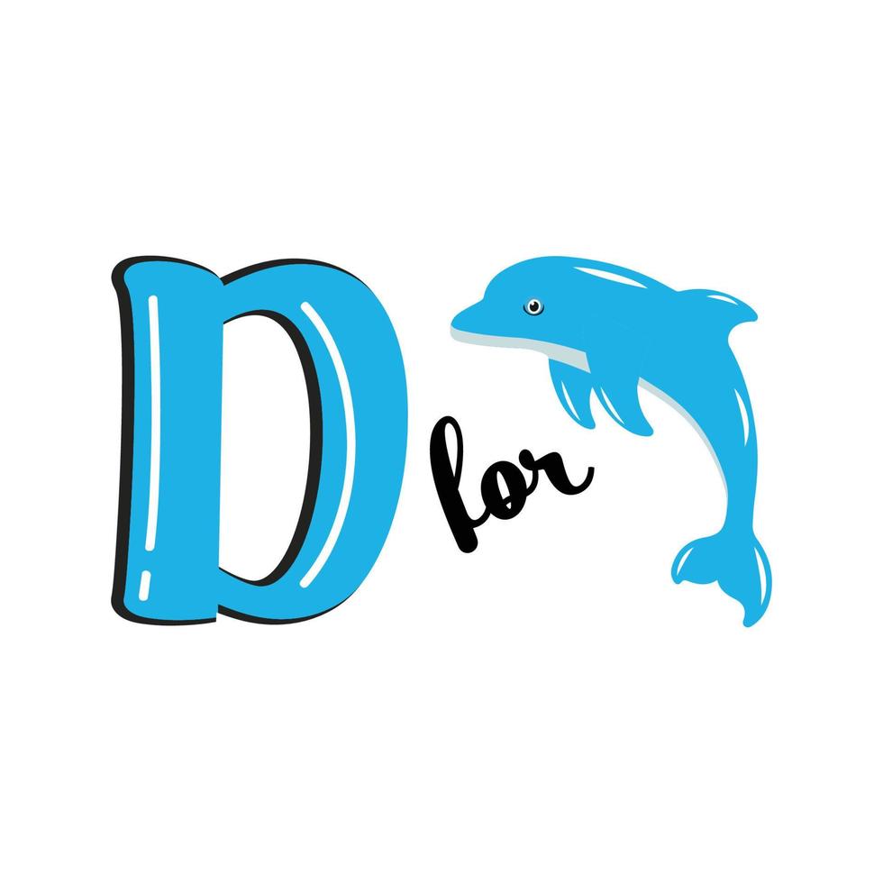 d für Delphin, d-Buchstaben und Delphin-Vektorillustrations-Alphabet-Design für Kinder vektor