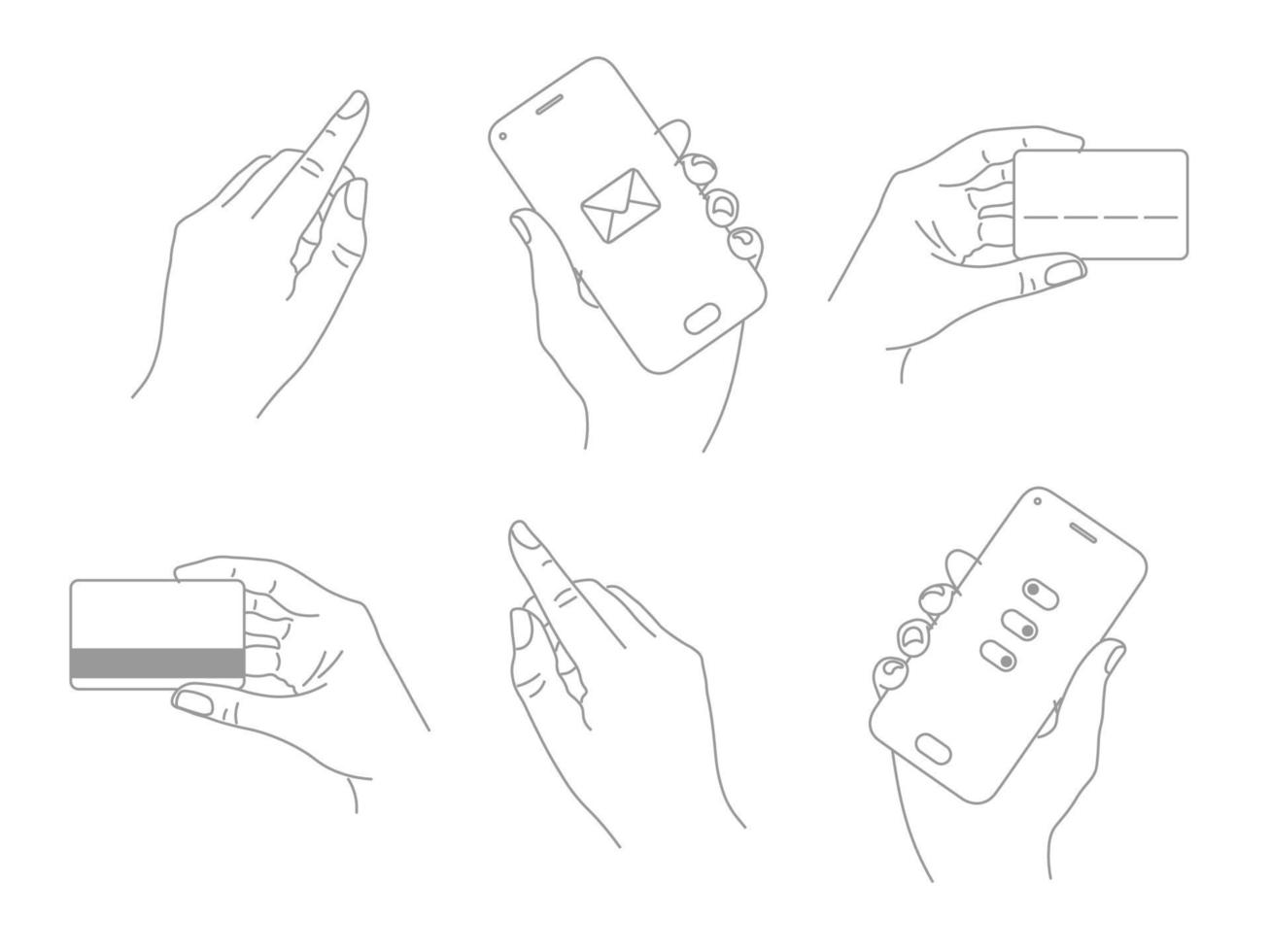 grafische hand hält smartphone, kreditkarte, zeigt zeigefinger. Linie. menschlicher Pinsel, Satz vektor