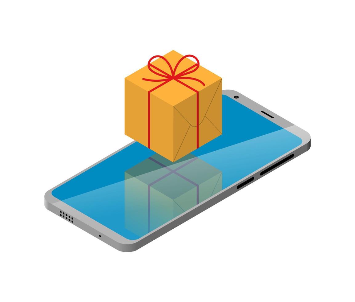 isometrische vektorillustration des smartphones. Geschenkbox unterschreiben. weißer Hintergrund vektor