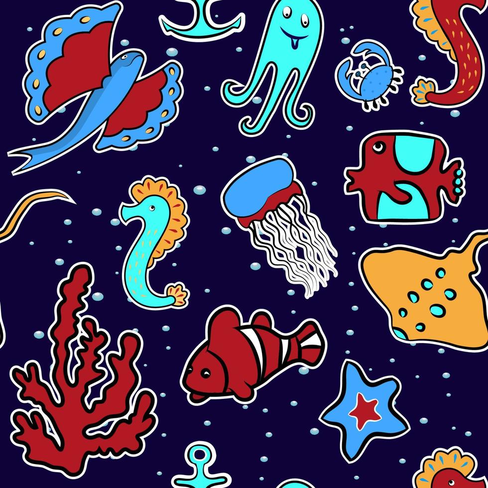 nahtloser hintergrund von meerestieren. ein Seepferdchen, eine Qualle, ein Stachelrochen, ein Oktopus, ein Papageienfisch, Seesterne, Korallen. auf blauem Hintergrund mit Luftblasen. zum Bedrucken von Stoffen. vektor