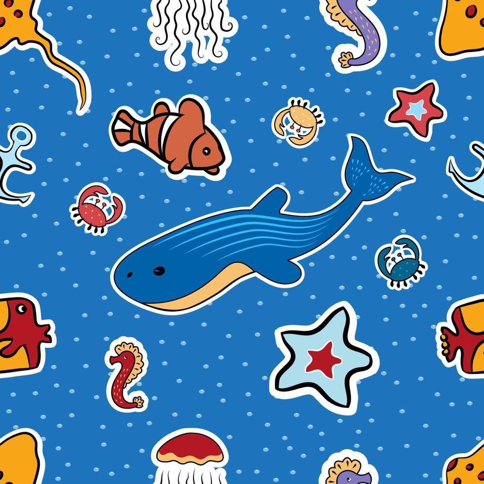 sömlösa havsmönster. sjunka, fiskar, sjöstjärnor, skridskor, bläckfiskar och andra djuphavsdjur i havet och havet. vackert marint akvarium. på en blå bakgrund med luftbubblor. vektor illustration.