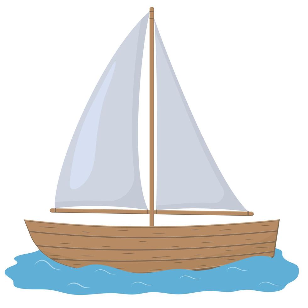 Holzboot mit Segelfarbvektorillustration im Cartoon-Stil auf weißem Hintergrund. vektor