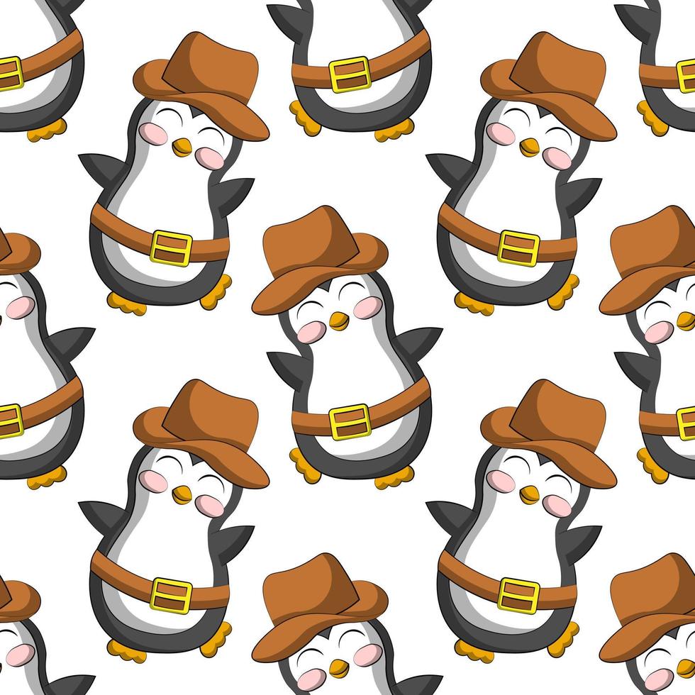 sömlös vektor mönster med söt tecknad pingvin cowboy