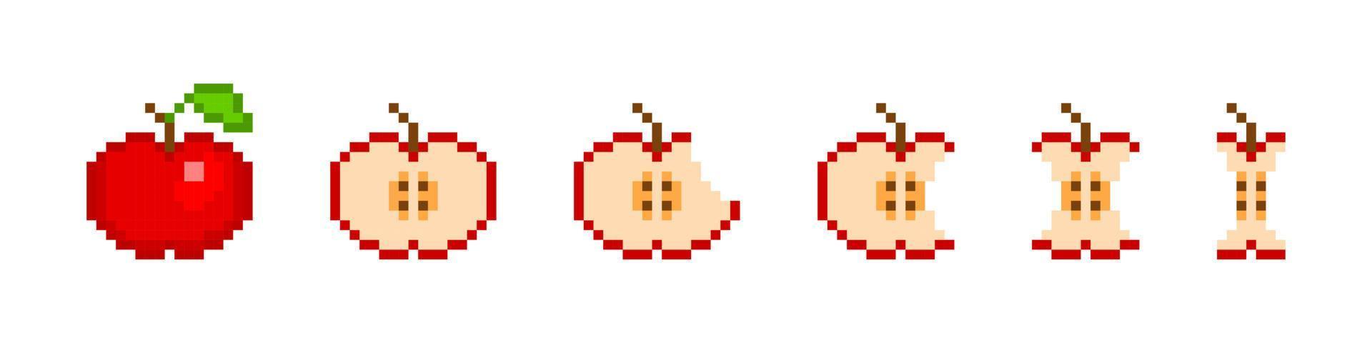 Pixel-Apfel-Essen-Animation. Rote 8-Bit-Früchte verschwinden langsam Stück für Stück und der Vektorstiel bleibt zurück. Phasen des Abbeißens von Teilen und Scheiben für Vektorspiele vektor