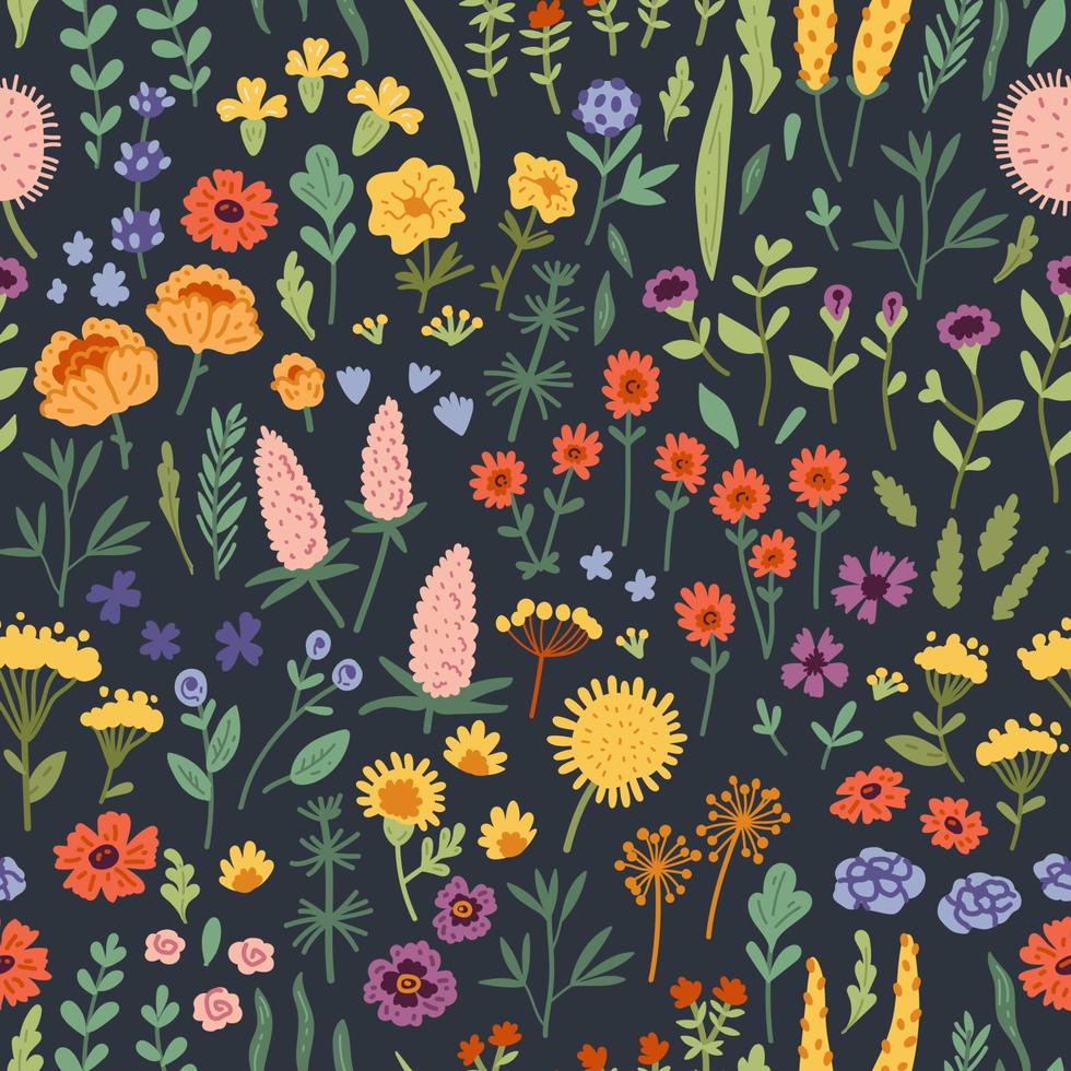 Vektornahtloses Muster mit handgezeichneten Wildpflanzen, Kräutern und Blumen, bunte botanische Illustration, vektor