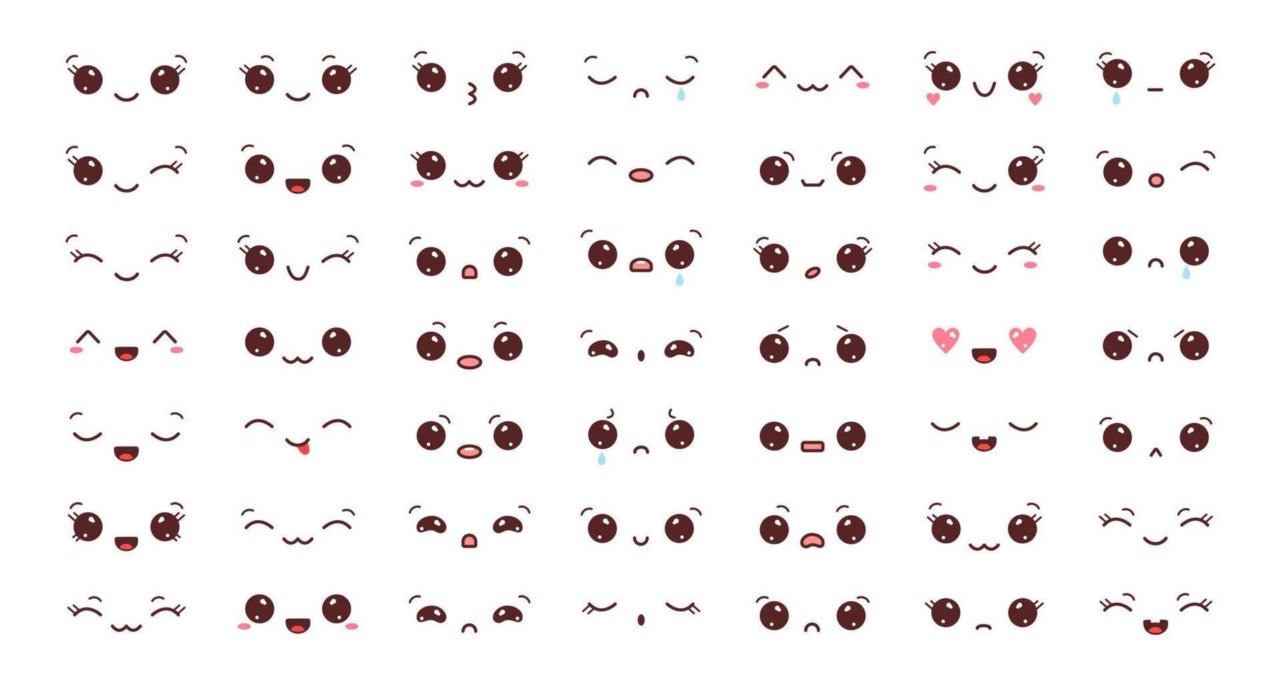 große Menge kawaii Gesichter. sammlung von kawaii augen und mündern mit unterschiedlichen emotionen. Vektor-Illustration isoliert auf weißem Hintergrund vektor