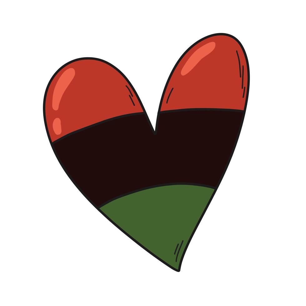 niedliches Cartoon-Vektor-handgezeichnetes gestreiftes Herz in der Farbe der afrikanischen Flagge - rot, schwarz, grün. Juni, schwarzer Geschichtsmonatsaufkleber, Gestaltungselement vektor