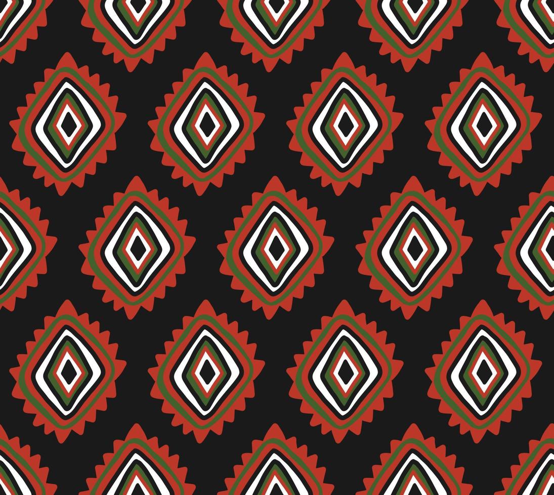 tribal afrikanska etniska sömlösa mönster med enkla linjer och figurer i rött, vitt och grönt. vektor traditionell svart bakgrund, textil, papper, tyg. kwanzaa, svart historia månad, juni