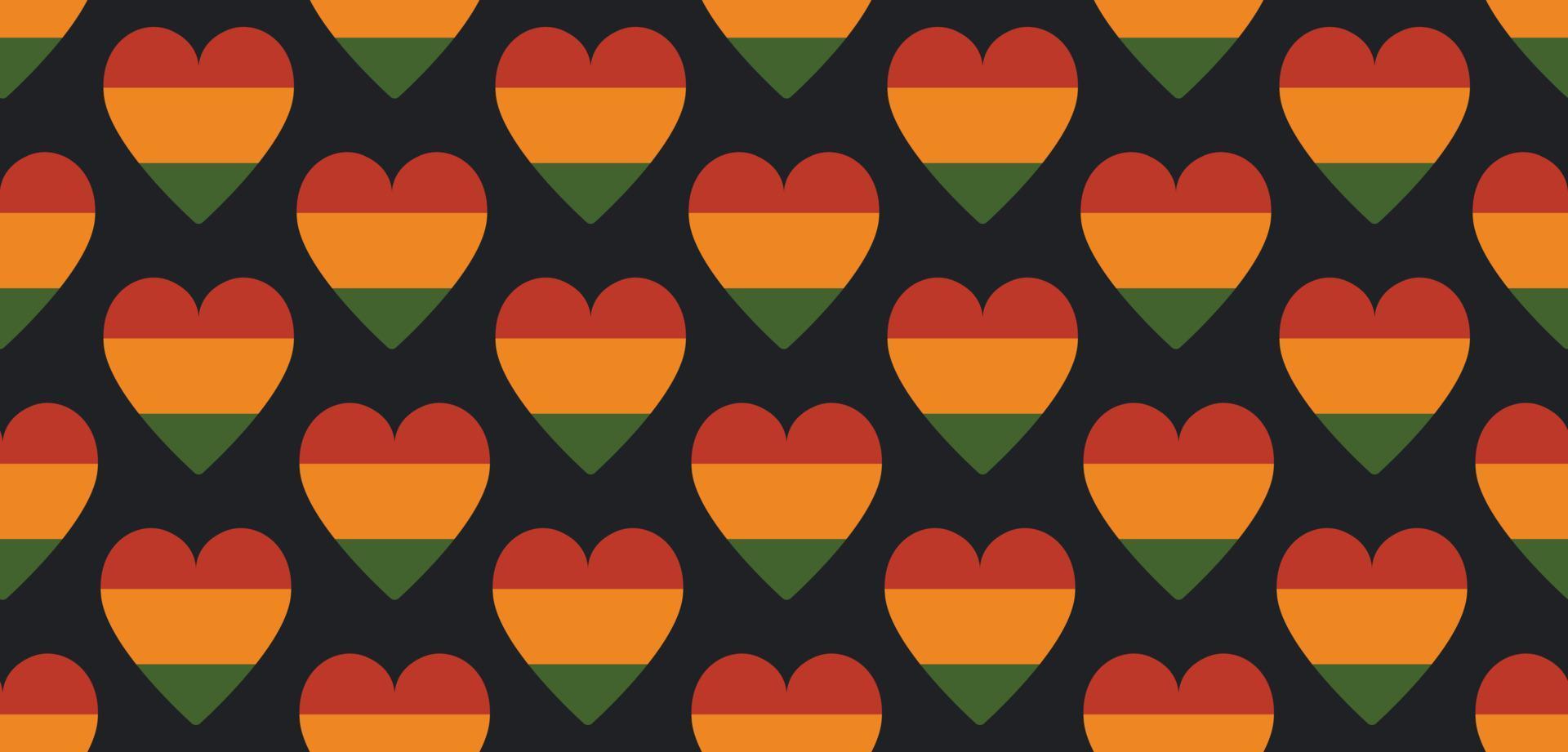 Nahtloses Muster mit Herzen in traditionellen panafrikanischen Farben - roter, gelber, grüner, schwarzer Hintergrund. Hintergrund für Kwanzaa, Monat der schwarzen Geschichte, Tag der schwarzen Liebe, Juni-Grußkarte, Banner. vektor