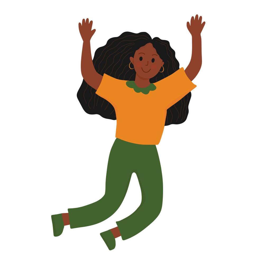 glad glad afrikansk amerikansk ung kvinna hoppar i luften med upphöjd hand. firande karaktär - svart tjej. lycka koncept. vektor illustration isolerad på vit bakgrund.
