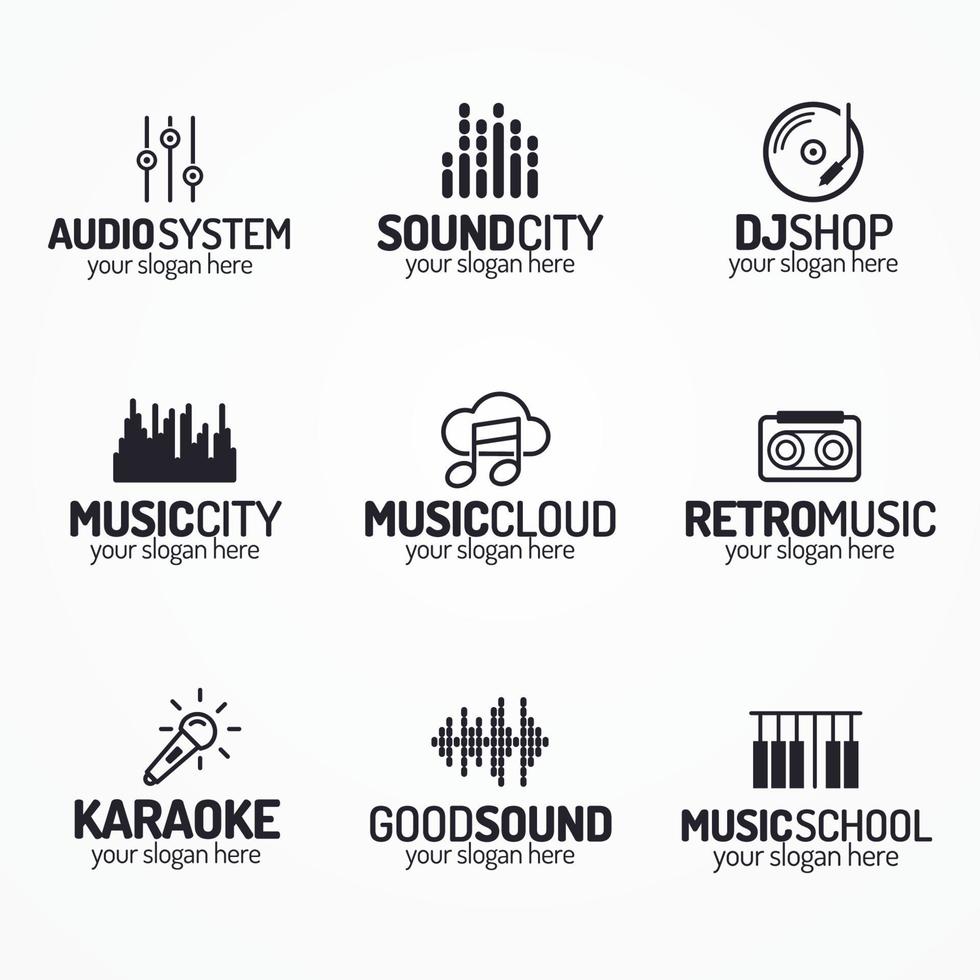 Musikshop-Logo mit verschiedenen Symbolen im schwarzen Farbstil vektor