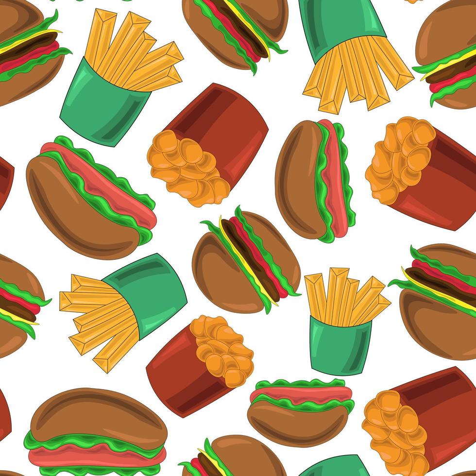 nahtloses muster mit pommes frites, nuggets, hamburgern und hotdogs vektor
