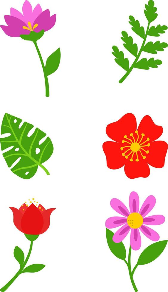 eine Reihe stilisierter Farben, die auf einem weißen Hintergrund hervorgehoben werden. Vektorblumen im Cartoon-Stil, für Grüße, Hochzeiten, Blumendesign, Webdesign. vektor