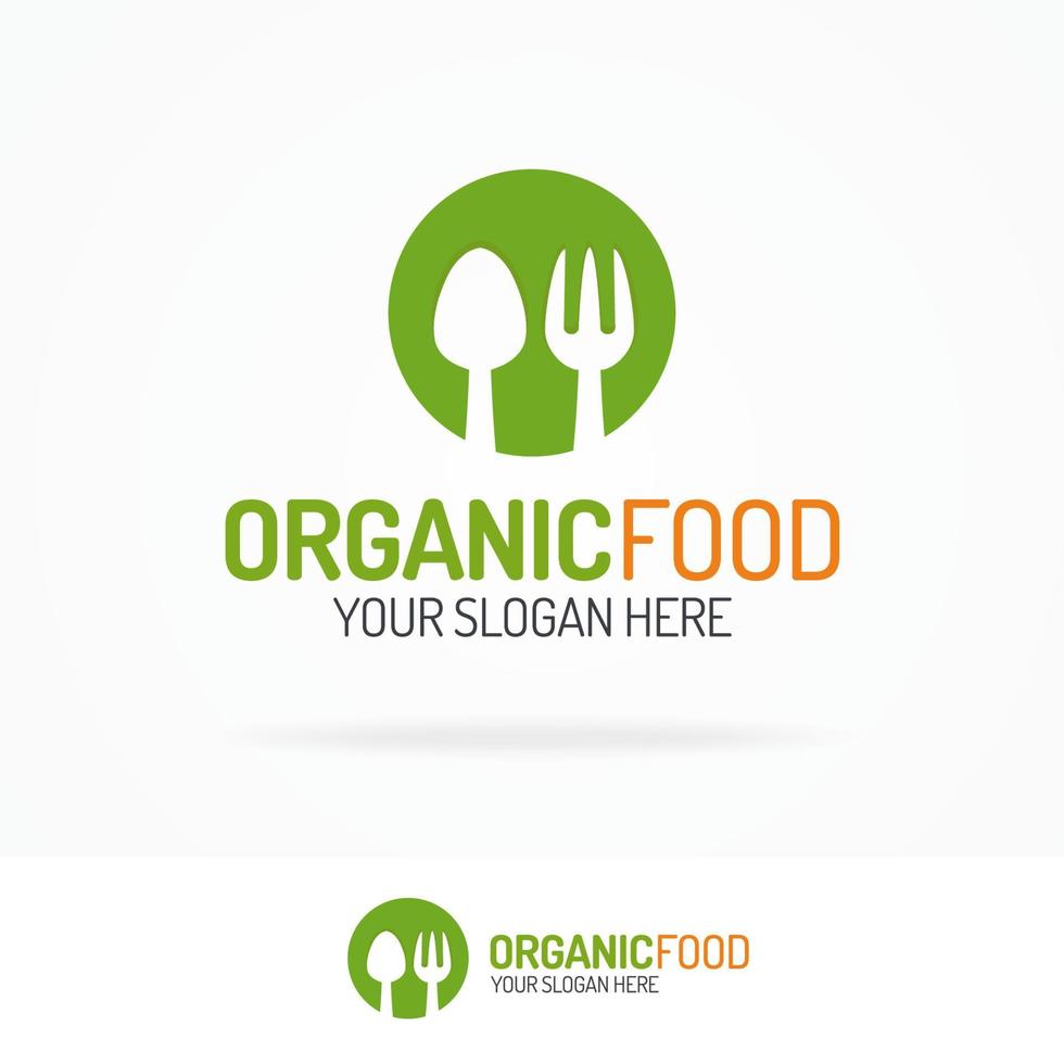 Bio-Lebensmittel-Logo-Set bestehend aus Silhouettenlöffel und Gabel auf Kreis vektor