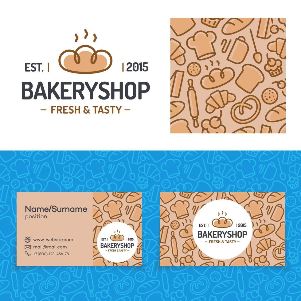 bageributiksset med bakmönster, kort och logotyp bestående av bröd vektor