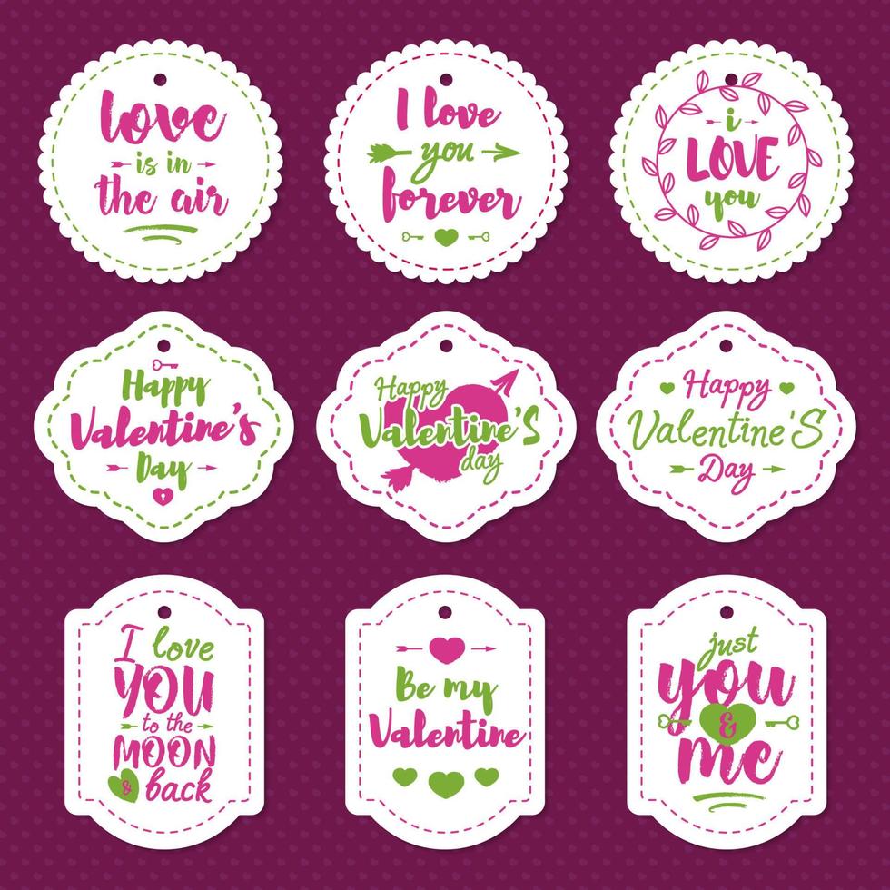 Happy Valentine's Day Label Set mit Schriftzug Typografie Wunsch isoliert auf Herzhintergrund für Grußkarten, Briefmarken, Poster und romantisches Zitat. Sammlung von Vektortypografieelementen vektor