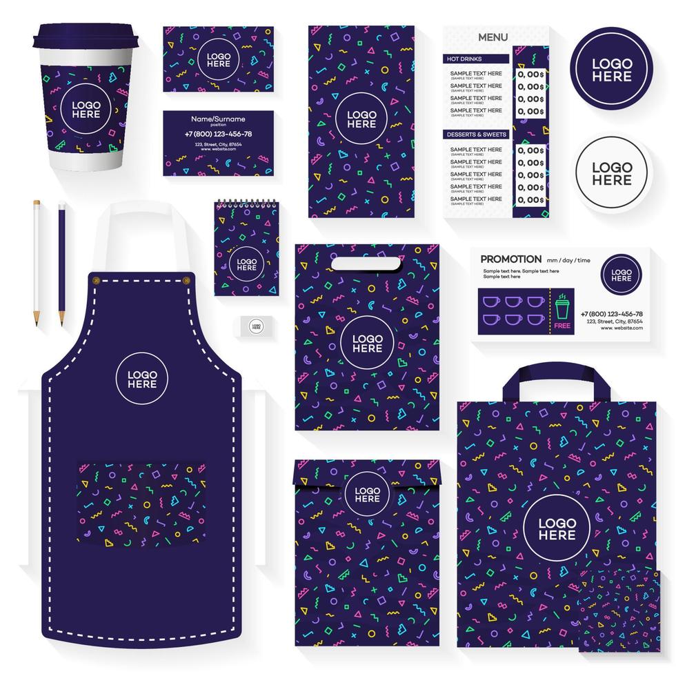 Kaffeehaus-Corporate-Identity-Template-Design-Set mit geometrischem Muster in Farbe Memphis. Restaurant-Café-Set-Karte, Flyer, Menü, Paket, einheitliches Design-Set. Vektor-Illustration vektor