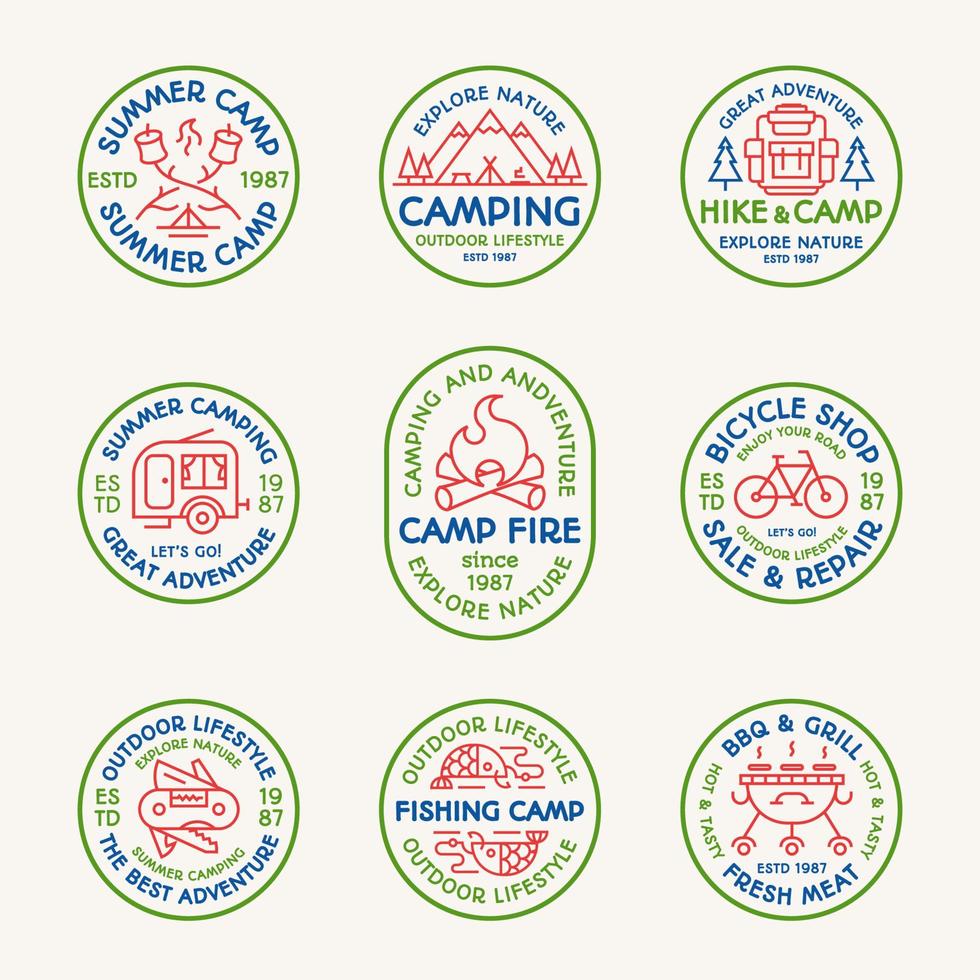 camping emblem set färg linje stil för turist symbol, utforska logotyp, resemärke vektor