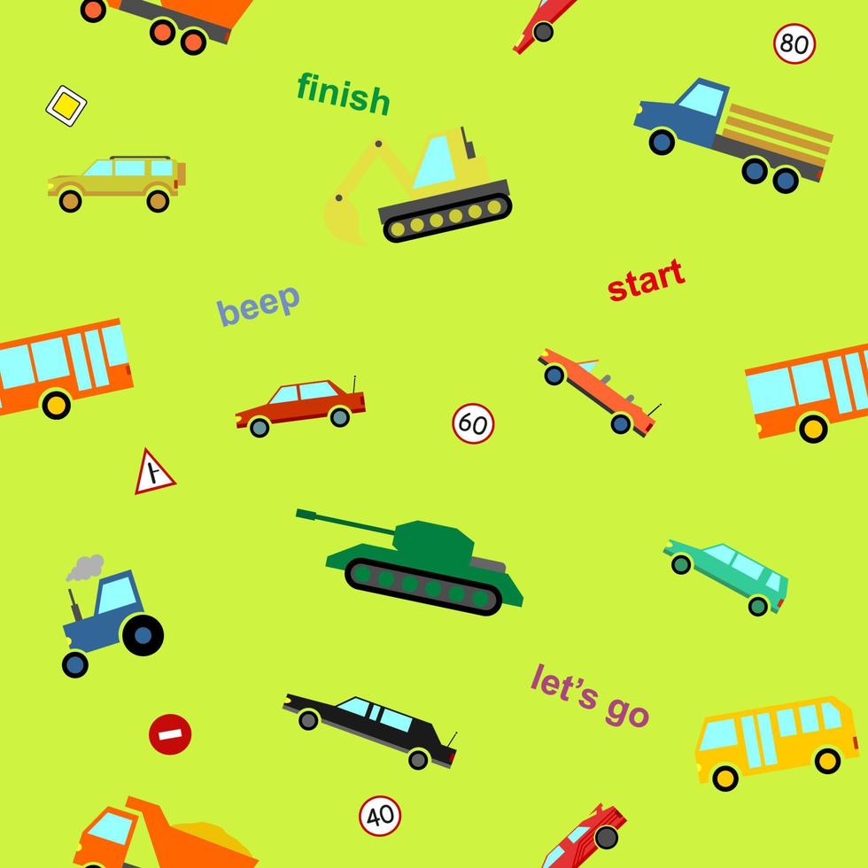 Vektor süße Kinder Auto Auto bunte Cartoon nahtlose Muster auf grünem Hintergrund