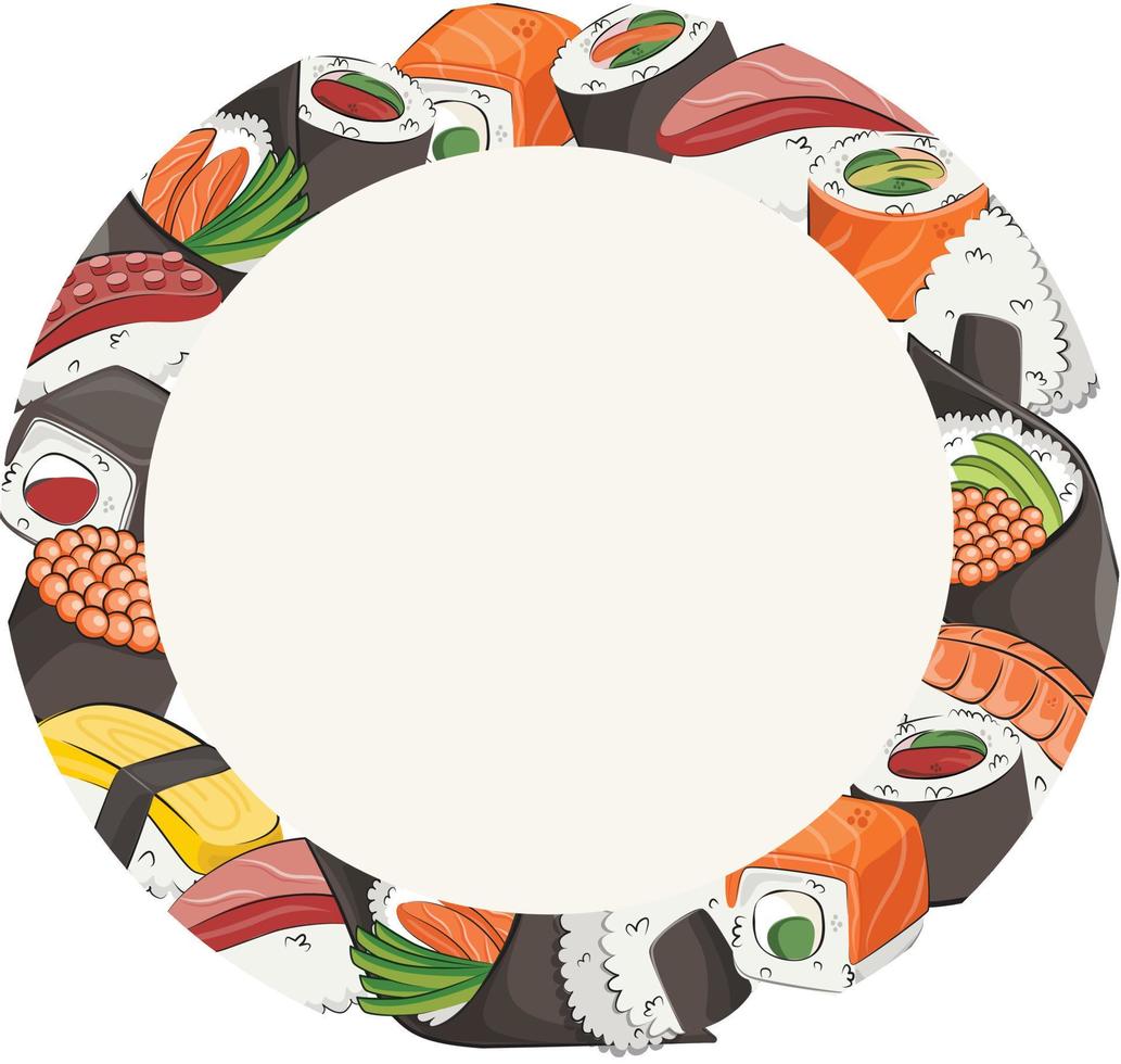 japanskt kök, fast mat. för restaurangmenyer och affischer. leverans platser vektor platt illustration isolerad på vit ram bakgrund. sushi rullar onigiri sojasås set. lagerbild.