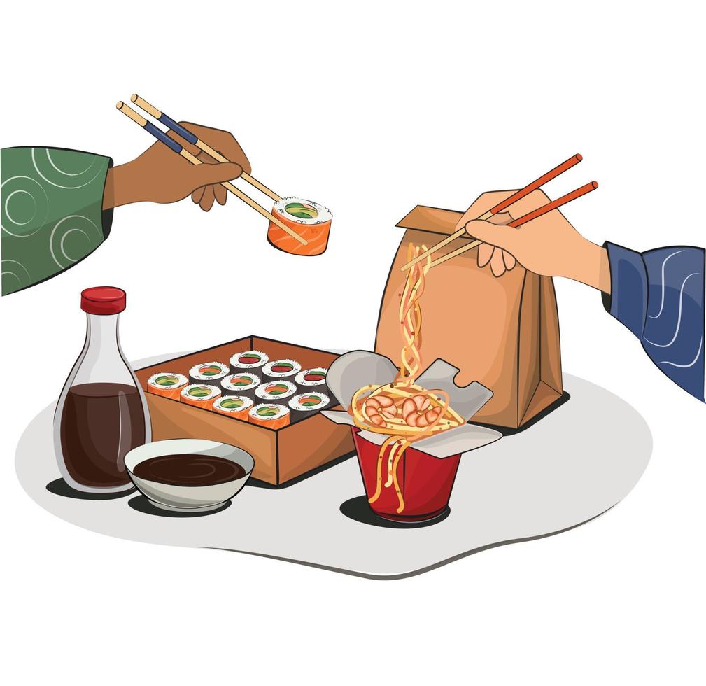 japansk mat, mat. armar med ätpinne för restaurangmenyer och affischer. leveransplatser vektor platt illustration isolerad på vit bakgrund. sushi rullar onigiri sojasås set. lagerbild.