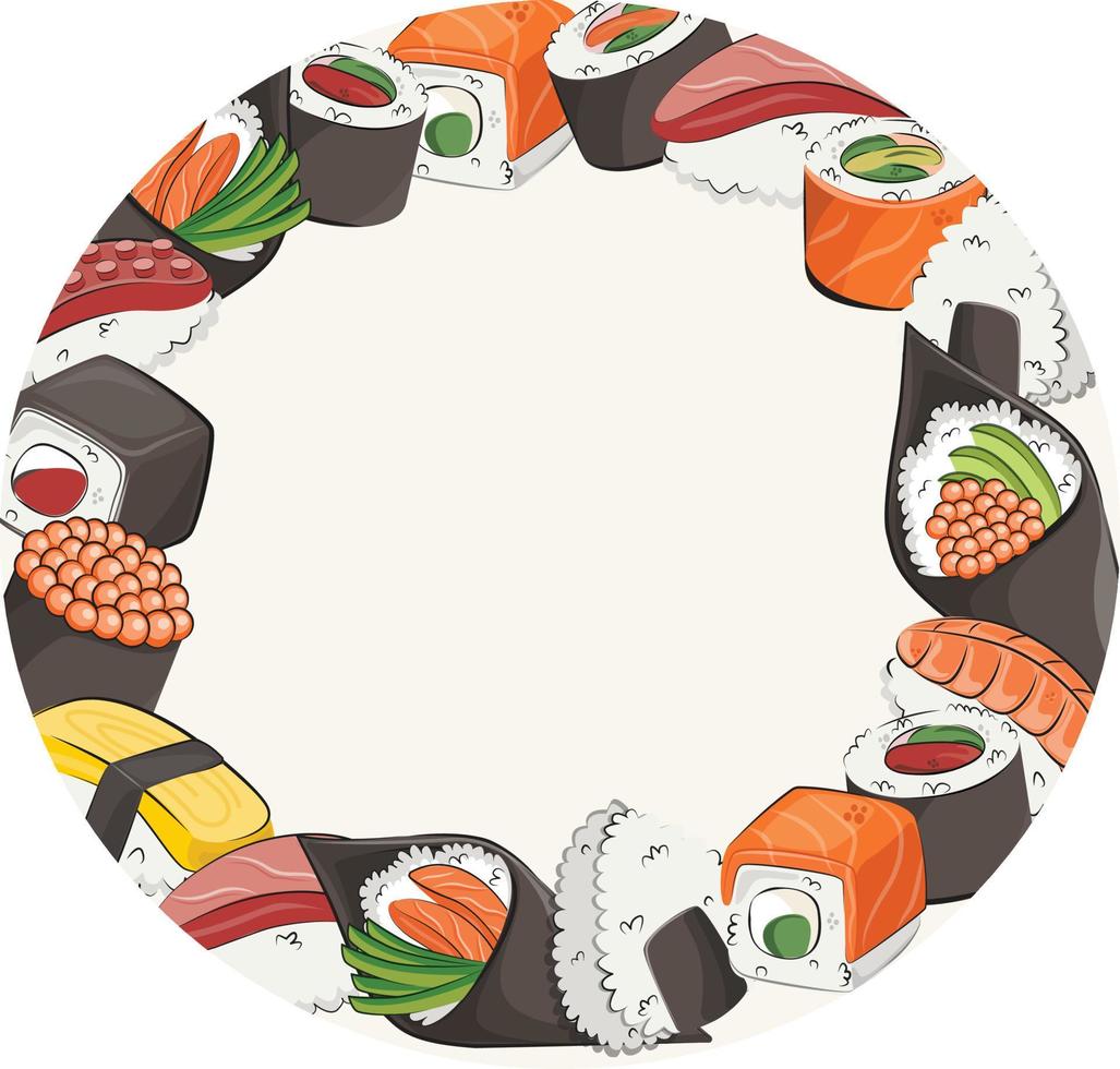 japanskt kök, fast mat. för restaurangmenyer och affischer. leverans platser vektor platt illustration isolerad på vit ram bakgrund. sushi rullar onigiri sojasås set. lagerbild.